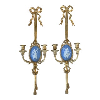 1890 Large French Neoclassical Gilt and Stamped “Wedgwood” Jasperware Candle Sconces - a Pair For Sale