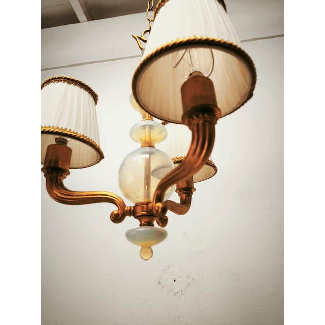Cream Brass and Murano Chandelier with Silk Lampshades, 1950s For Sale - Image 8 of 18