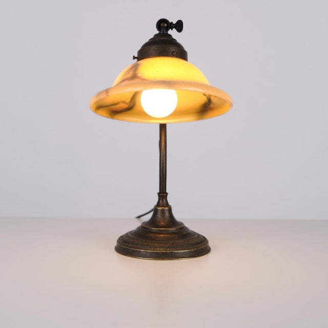 Vintage Desk Lamp in Wrought Iron with Yellow Frosted Glass Shade, 1930s For Sale - Image 3 of 11