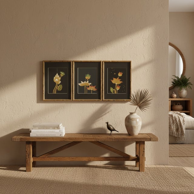 Elevate your space with this serene set of 3 vintage lotus botanical prints, each beautifully framed in classic gold faux...