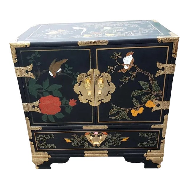 Chinoiserie Hand Painted Black Lacquered Cabinet For Sale