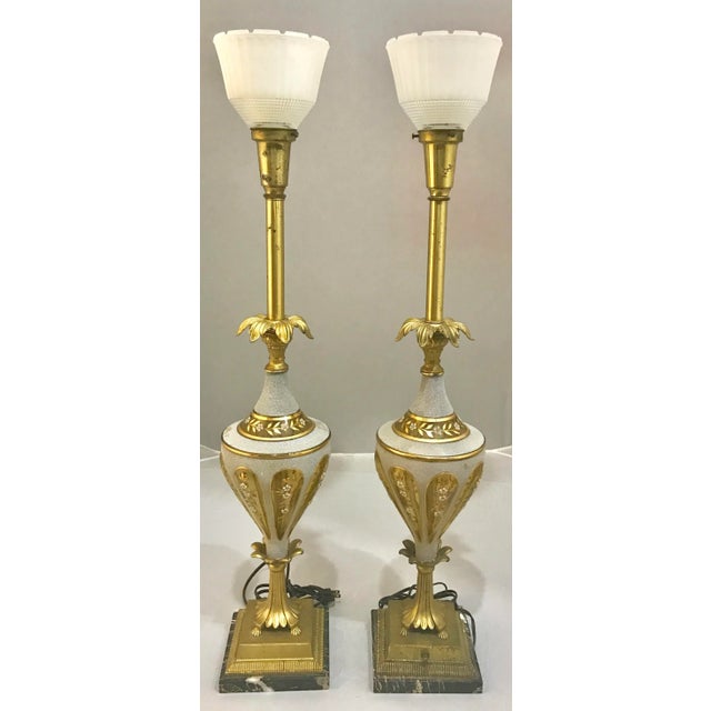 Hollywood Regency 1940s Glass & Brass Torchiere Table Lamps - a Pair For Sale - Image 3 of 10