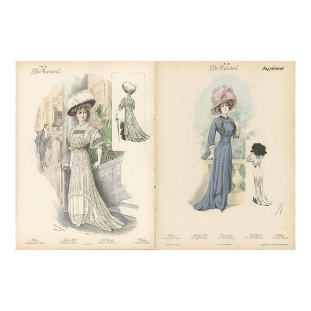 Pair of Antique Chic Parisien Fashion Plates, 1910 For Sale