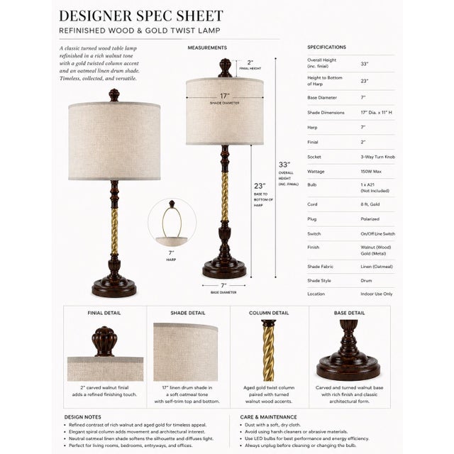 Rustic European Vintage Refinished Walnut & Gold Twist Column Table Lamp With Oatmeal Linen Drum Shade — 33” Tall For Sale - Image 3 of 3