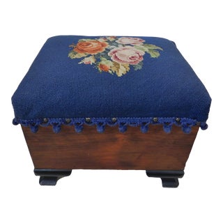Vintage Mid Century Blue Floral Needlepoint Solid Mahogany Wood Footstool For Sale