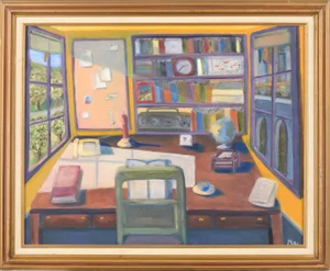 1990s Realist Interior Scene of a Home Office Oil Painting, Framed