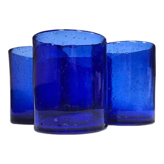 Cobalt Bubbled Double Old Fashioned Glasses- Set of Four For Sale