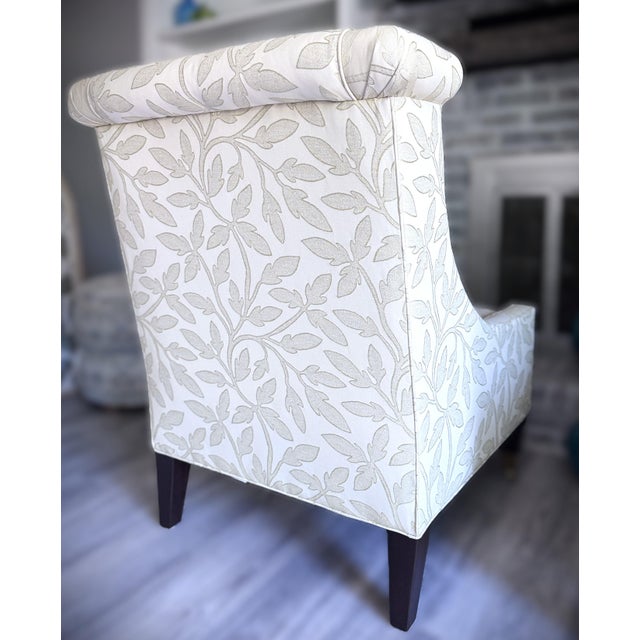 Custom Pair Pearson Wingback Jacquard Leaf Vine Transitional Chairs For Sale - Image 9 of 15
