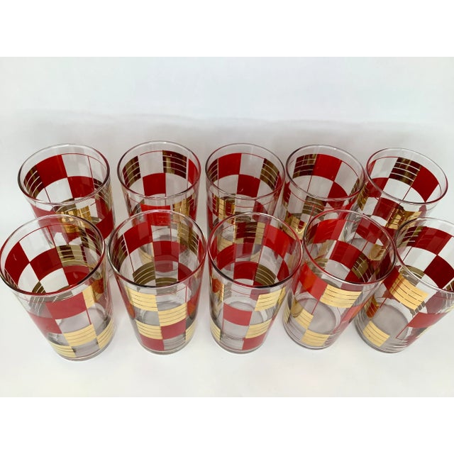 Glass Vintage Gilt and Red Checkerboard Cocktail Set With Pitcher For Sale - Image 7 of 9