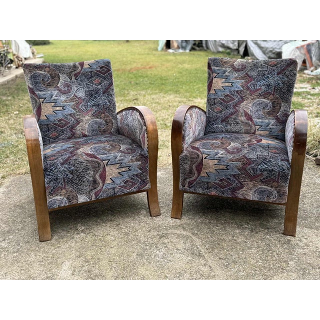 Brown Art Deco Lounge Chairs with Curved Wooden Arms, 1930s, Set of 2 For Sale - Image 8 of 8