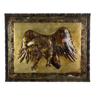 Vintage Signed/Dated MCM Repoussé Metal Art Work of Eagle in Flight, Wood Frame For Sale