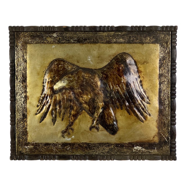 Vintage Signed/Dated MCM Repoussé Metal Art Work of Eagle in Flight, Wood Frame For Sale