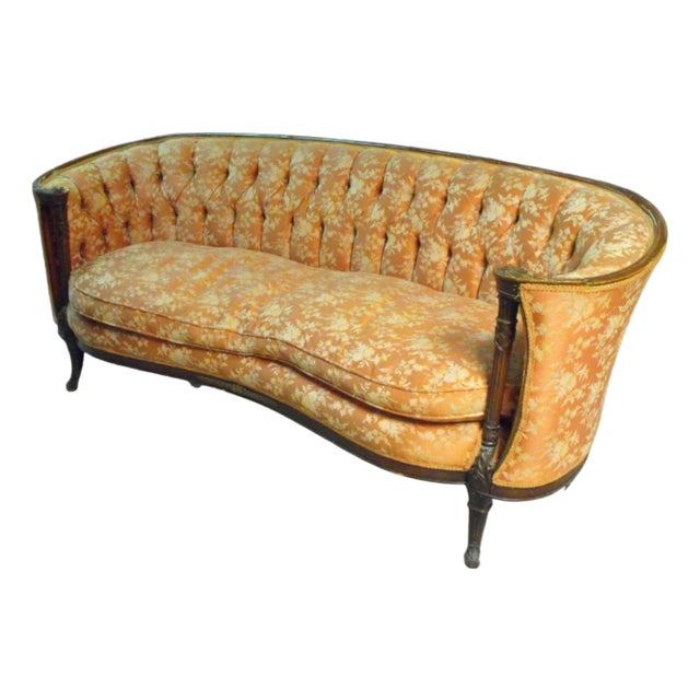 A 20th-Century Louis XVI Style Carved Walnut Settee With Floral Damask Upholstery For Sale