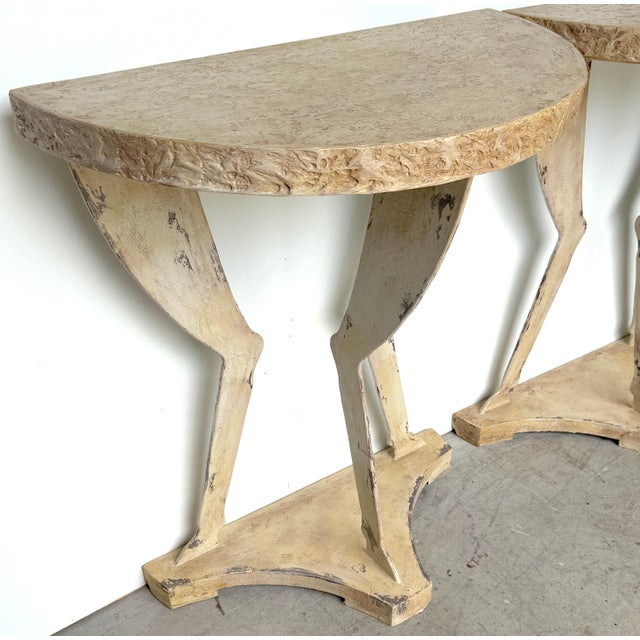 Pair of John Dickinson Style Faux Bois Demilune Consoles American, Late 20th C. For Sale - Image 4 of 14