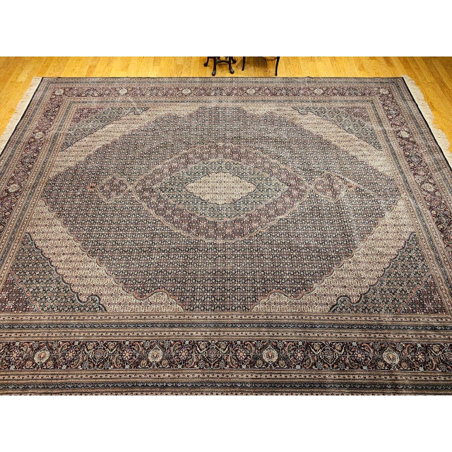 Antique Oversized Tabriz Mahi Rug, Hand-Knotted Wool & Silk, Herati Geometric Pattern, Navy & Burgundy, 12x15 For Sale - Image 16 of 18