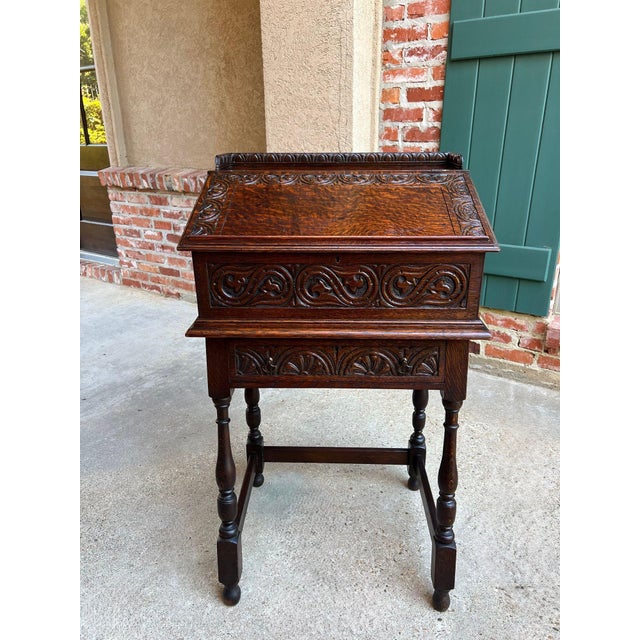 Antique English Slant Front Desk Display Stand Jacobean Carved Tiger Oak Lectern For Sale - Image 18 of 18