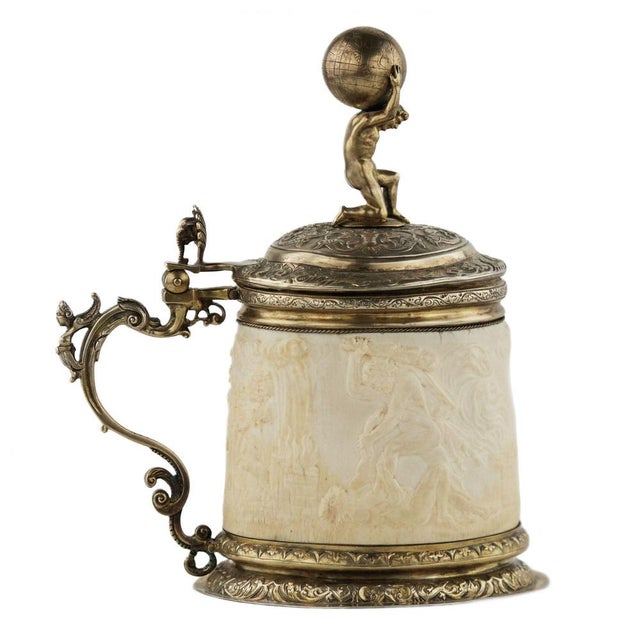 Silver Beer Tankard with Atlas and Carved Ivory Religious Scenes from Lübeck For Sale - Image 15 of 15