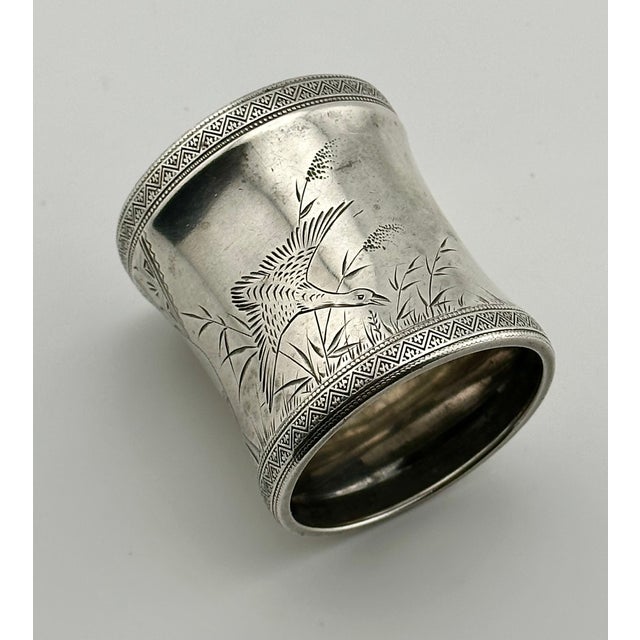 Victorian 1880s Antique Victorian Hand Engraved Stering Silver Napkin Ring With Wild Turkeys in Flight for "Hattie" For Sale - Image 3 of 17