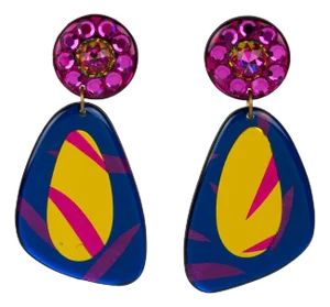 Dangle Lucite Jeweled Clip Earrings Blue, Gold and Pink - 2 Pieces