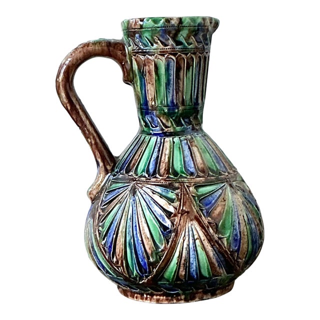 Vintage Hand Painted Glazed Ceramic Pitcher For Sale