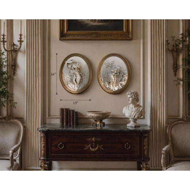 Figurative Pair of Vintage & Sculptural, Neoclassical Figural High Relief Wall Plaques – 13” X 16” Each Grandmillennial, Palm Beach Regency, French - See Pics! For Sale - Image 3 of 9