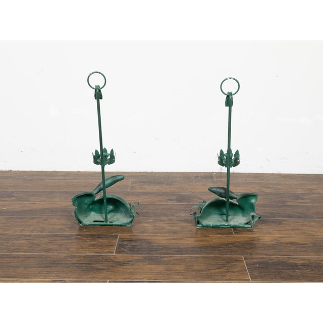 Metal Pair of Vintage American Midcentury Iron Rabbit Candle Holders with Green Patina For Sale - Image 7 of 11
