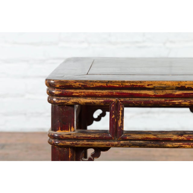 Chinese Qing Dynasty Side Table with Carved Spandrels and Distressed Finish For Sale - Image 9 of 13