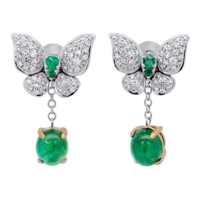 2.5 Carat Cabochon Cut Emerald and Diamond Butterfly Drop Earrings in 18K White For Sale