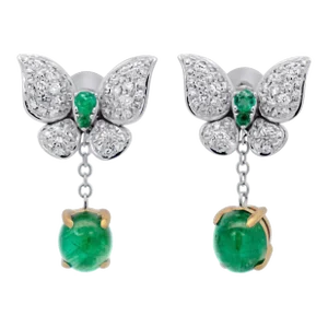 2.5 Carat Cabochon Cut Emerald and Diamond Butterfly Drop Earrings in 18K White
