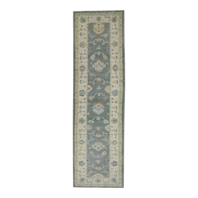Early 21st Century Gray Multicolor Floral Design Handwoven Wool Turkish Oushak Rug 3'1" X 10'7" For Sale