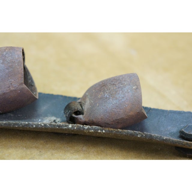 Brown Antique Swiss Forged Iron Graduated Cow Sleigh Bells on Leather Strap 23" For Sale - Image 8 of 13