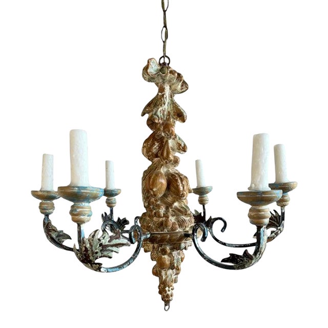Italian Rococo Painted Wood & Iron 6-Light Chandelier With Fruit Garland For Sale