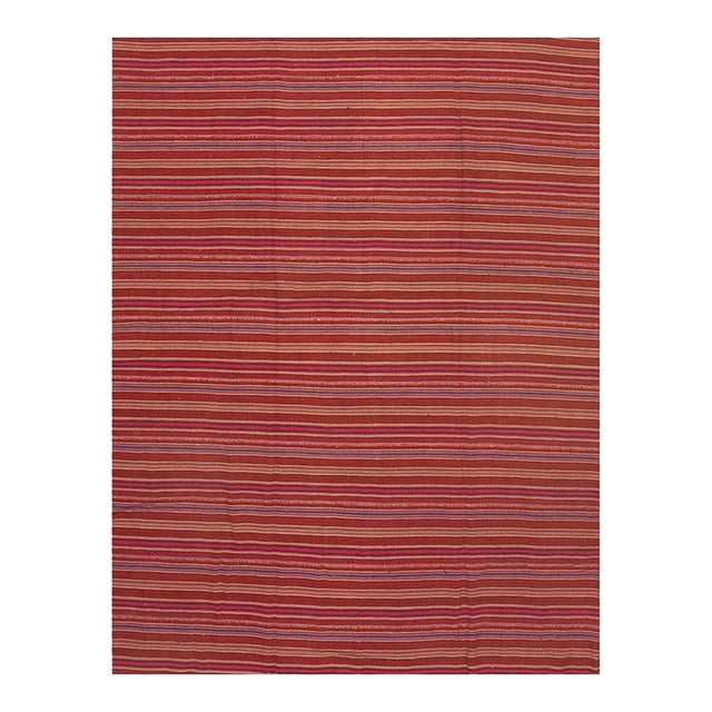 Mid Century Modern Multicolor Stripe Geometric Turkish Kilim Flatwoven Wool Rug For Sale