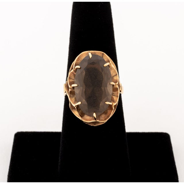 14K Yellow Gold and Solitaire Smokey Quartz Ring, Victorian style, featuring one prong set oval brilliant cut smoky quartz...