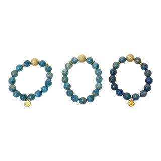 Set of 3 Jeweler Custom Made Beaded Blue Sapphire and Agate Gold Ball Bracelets For Sale