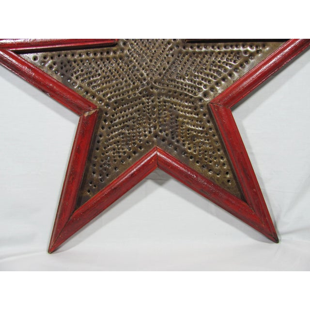 25" Vintage American Handmade Farm Barn Rustic Punched Tin and Wood Garnet Red Star Hanging Wall Art For Sale - Image 4 of 13