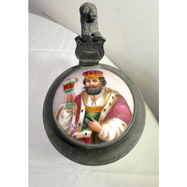 19th Century Antique 1Ltr. Early 1800's German Pottery Pewter Lidded Beer Stein Mug Tankard For Sale - Image 5 of 14