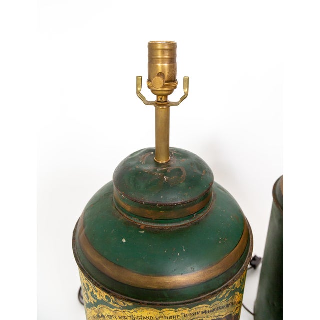 Late 19th Century Large Green Hand-Painted English Tea Canister Lamps - a Pair For Sale - Image 4 of 11