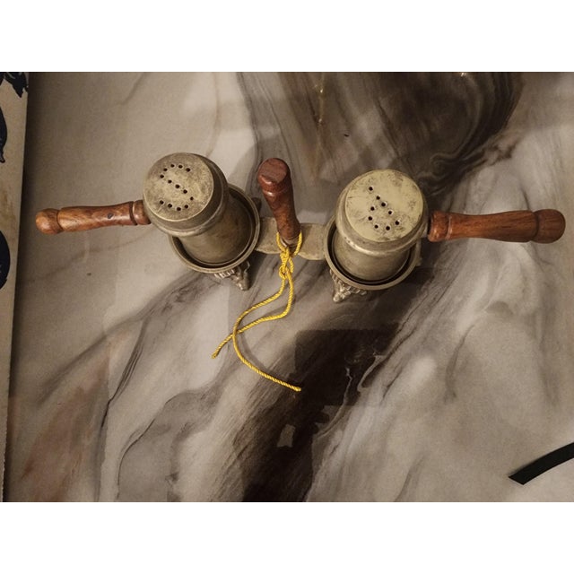 Art Deco Mid 20th Century Metal and Wood Salt and Pepper Shakers - Set of 3 For Sale - Image 3 of 3