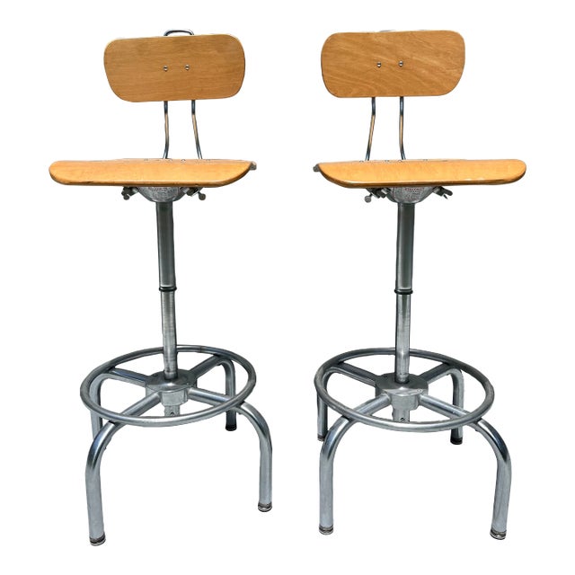 1950s Set of 2 Vintage "Ajustrite" Plywood Adjustable Swivel Drafting Chairs For Sale