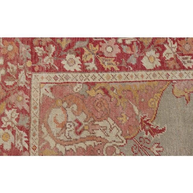 Mid 20th Century Turkish Oushak Vintage Rug With Floral Medallion Design in Red and Light Blue For Sale - Image 5 of 13