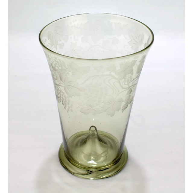 Antique Bohemian Green 'Waldglas' Type Glass Etched Beaker or Cup For Sale - Image 4 of 13
