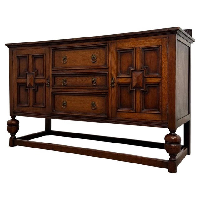 2000 - 2009 Early 20th Century Antique English Jacobean Oak Sideboard For Sale - Image 5 of 14
