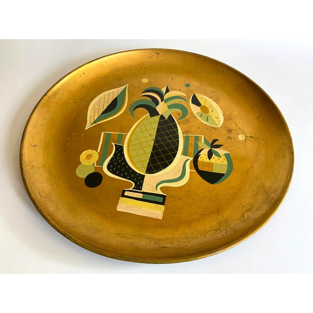 Metal Vintage 1960's Georges Briard Mid Century Modern Gold Leaf Hand Painted Extra Large Decorative Metal Tray For Sale - Image 7 of 13