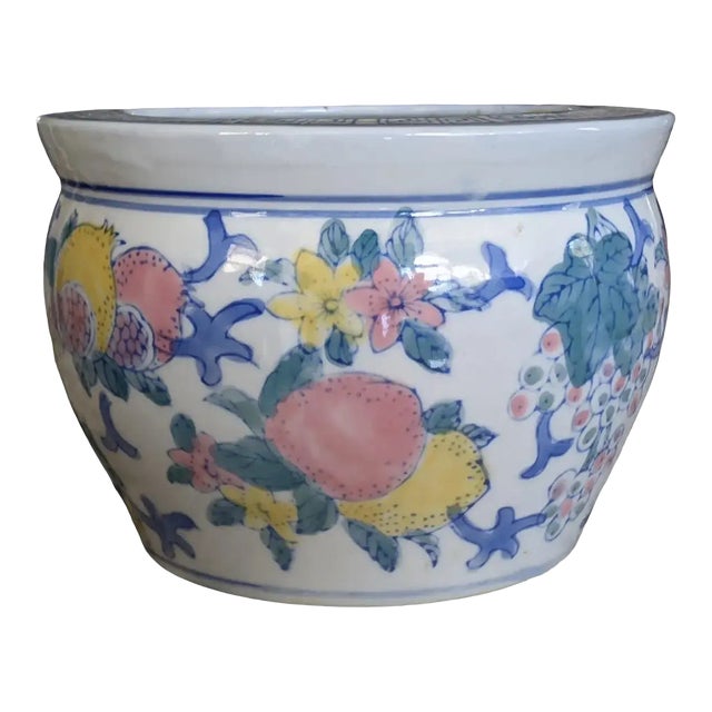 Vintage Chinoiserie Porcelain Orchid Cachepot Fishbowl Planter For Sale