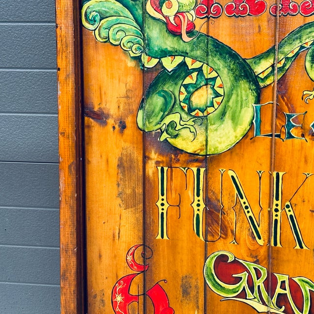 Wood Original Antiques Store Hand Painted Wooden Double Sided Sign With Dragon & Unicycle C. 1974 For Sale - Image 7 of 12