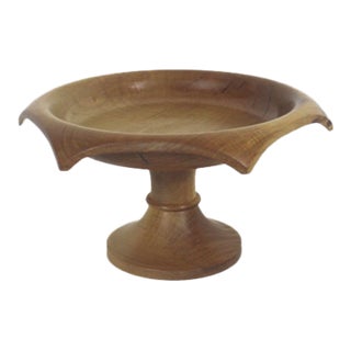 Vintage Hand Turned Maple Wood Pedestal Bowl For Sale