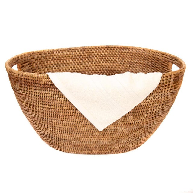 Boho Chic Artifacts Rattan Laundry Basket with Cutout Handles in Honey Brown For Sale - Image 3 of 8