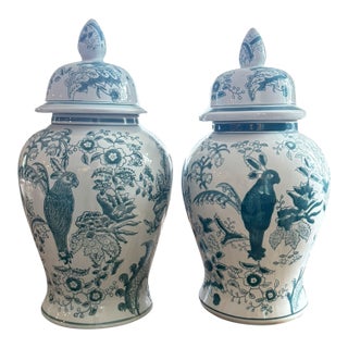 Late 20th Century Extra Large Blue and White Chinoiserie Porcelain Ginger Jars With Bird and Floral Motif - A Pair For Sale