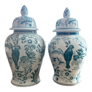 Late 20th Century Extra Large Blue and White Chinoiserie Porcelain Ginger Jars With Bird and Floral Motif - A Pair